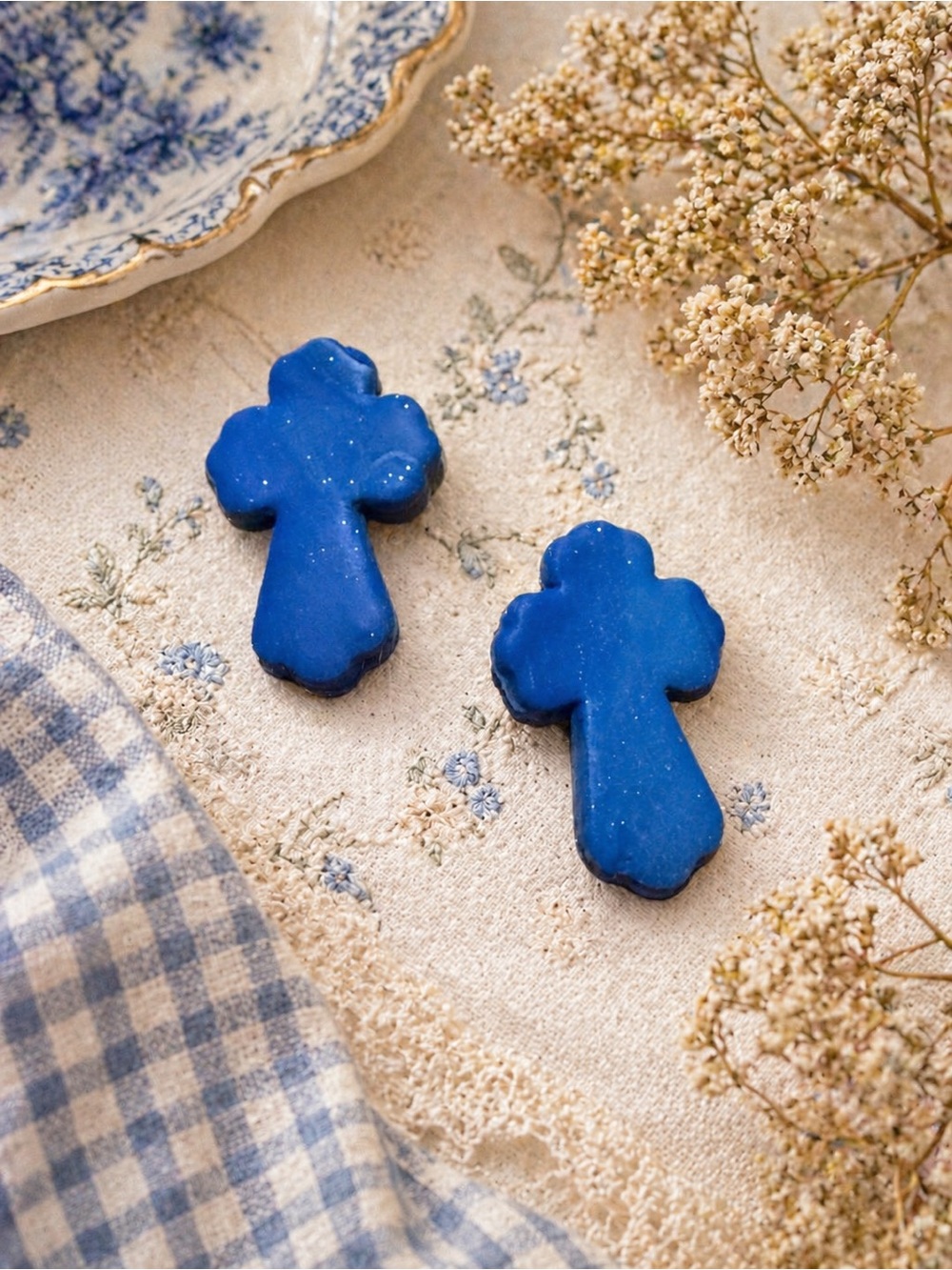 Blue Cross Handmade Polymer Clay Earrings